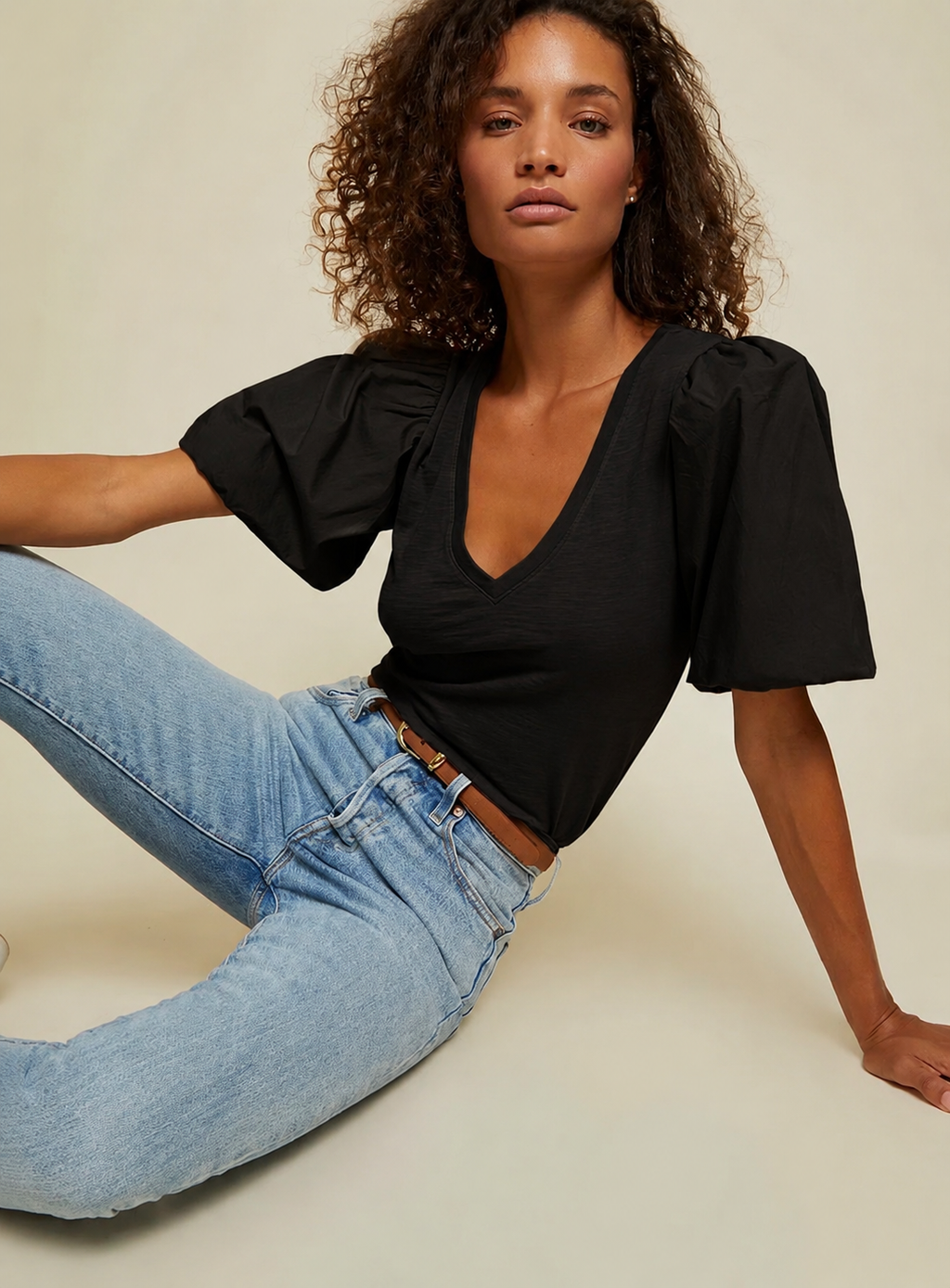 Nation Ltd Traci Bubble Sleeve V-Neck Top Jet Black Sz Small