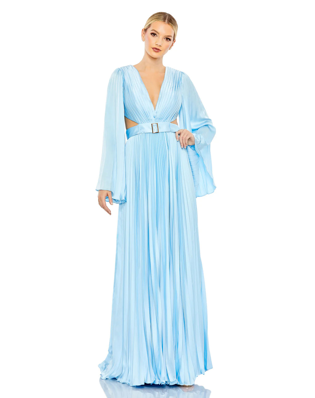 Mac Duggal 26732 Ice Blue Pleated Satin Gown Cutout Lace-Up Back Size 6 $598