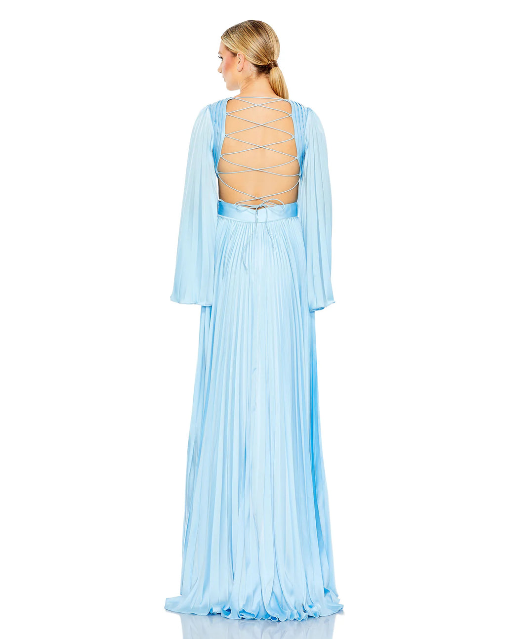 Mac Duggal 26732 Ice Blue Pleated Satin Gown Cutout Lace-Up Back Size 6 $598