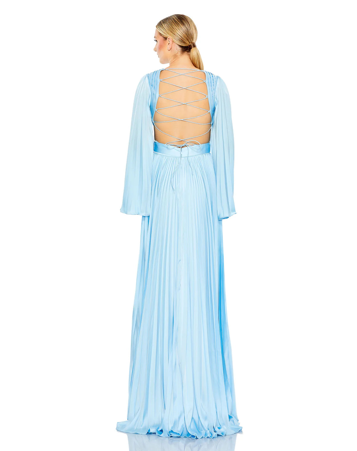Mac Duggal 26732 Ice Blue Pleated Satin Gown Cutout Lace-Up Back Size 6 $598