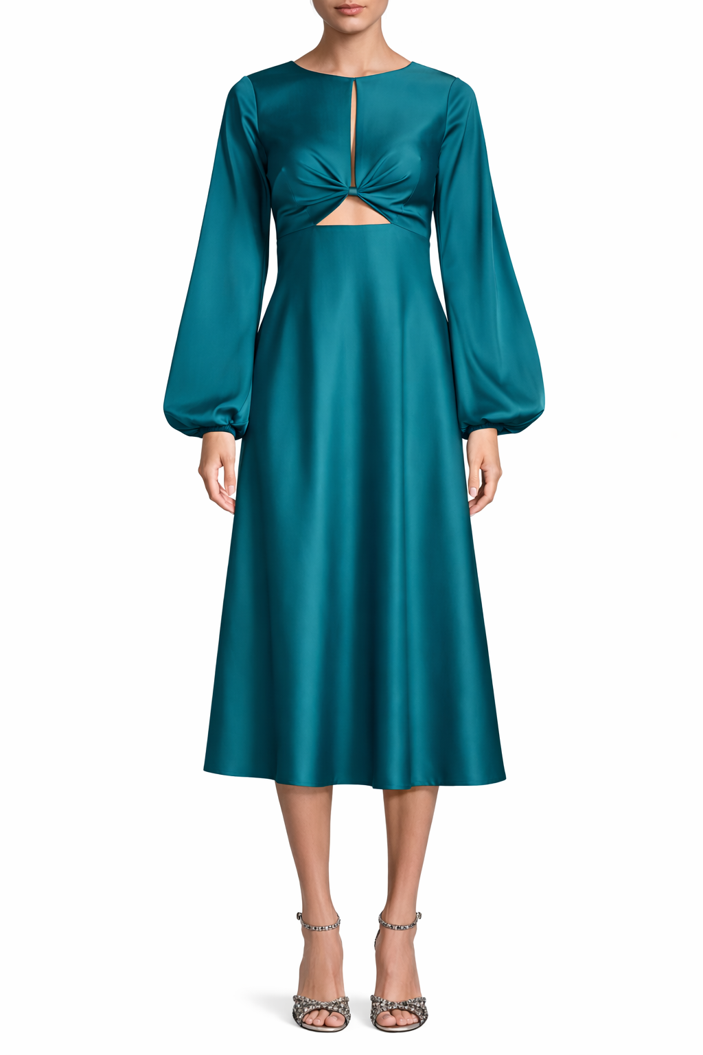 Liv Foster Satin Cut-Out Midi Dress Teal Size 6 $350