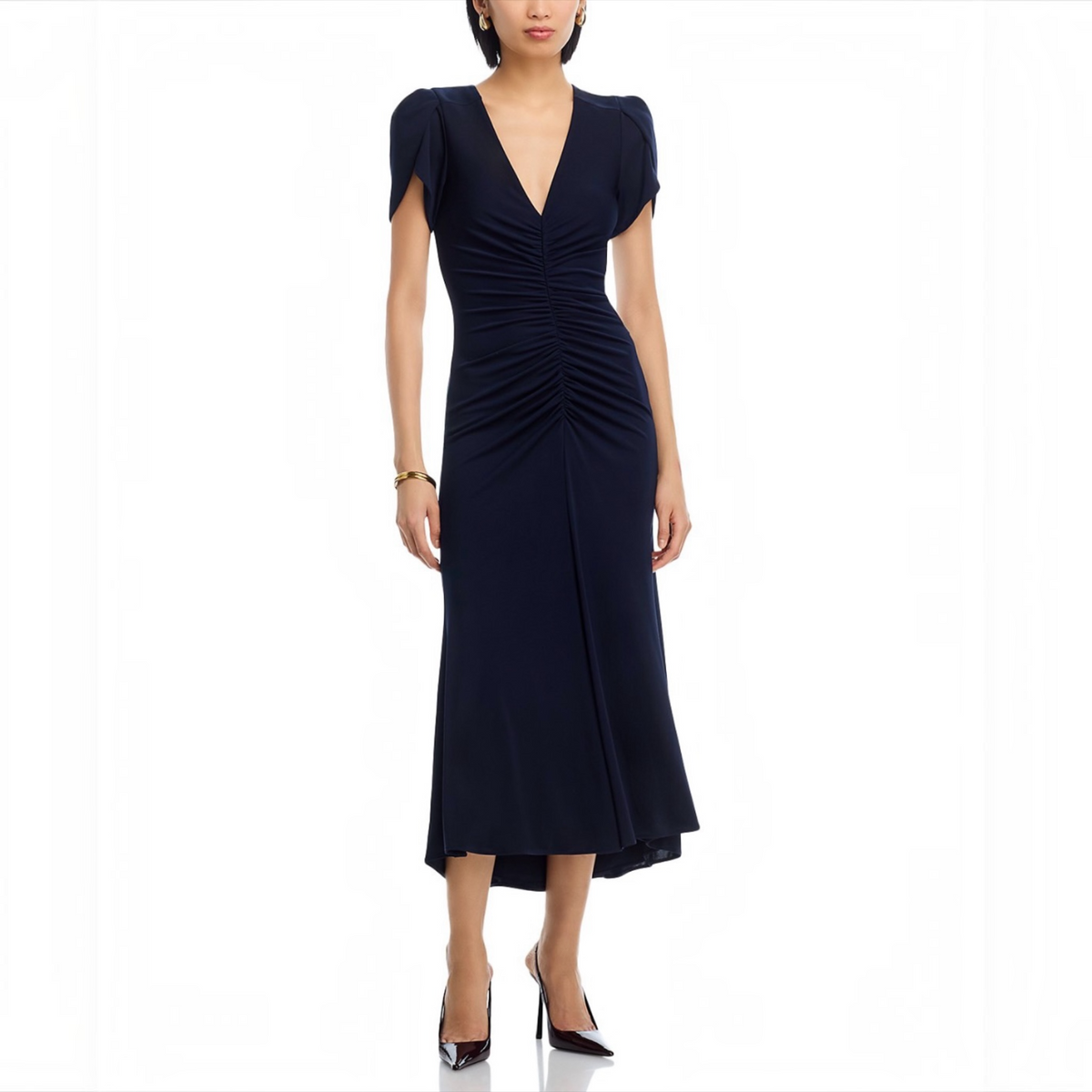 CINQ À SEPT Aviva Gathered Tulip-Sleeve Midi Dress Navy Size 6
