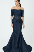 Park 108 Off-Shoulder
Embellished Peplum Mermaid
Gown M202 in Navy Size 4 $675