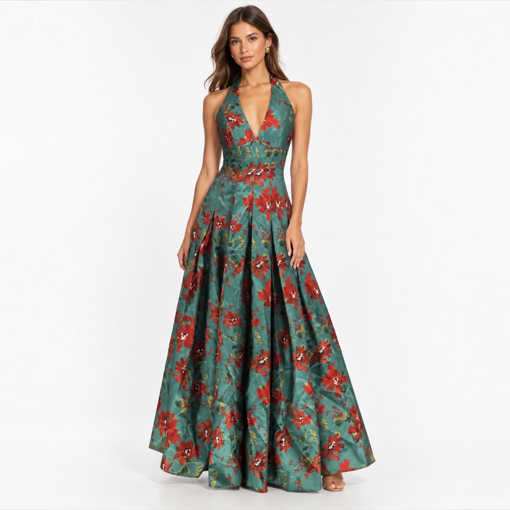 HUTCH Azure Romantic Vining Painted Floral Halter Maxi Gown Size Small