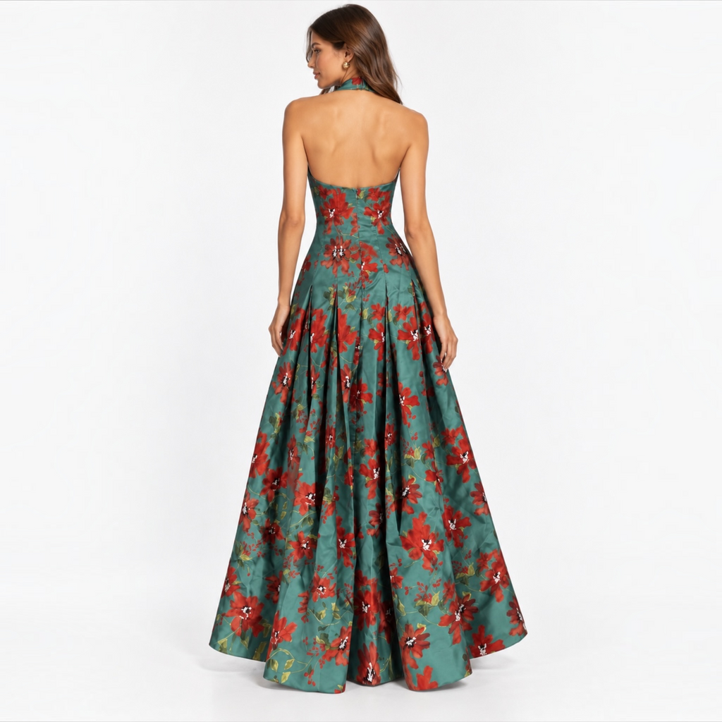 HUTCH Azure Romantic Vining Painted Floral Halter Maxi Gown Size Small
