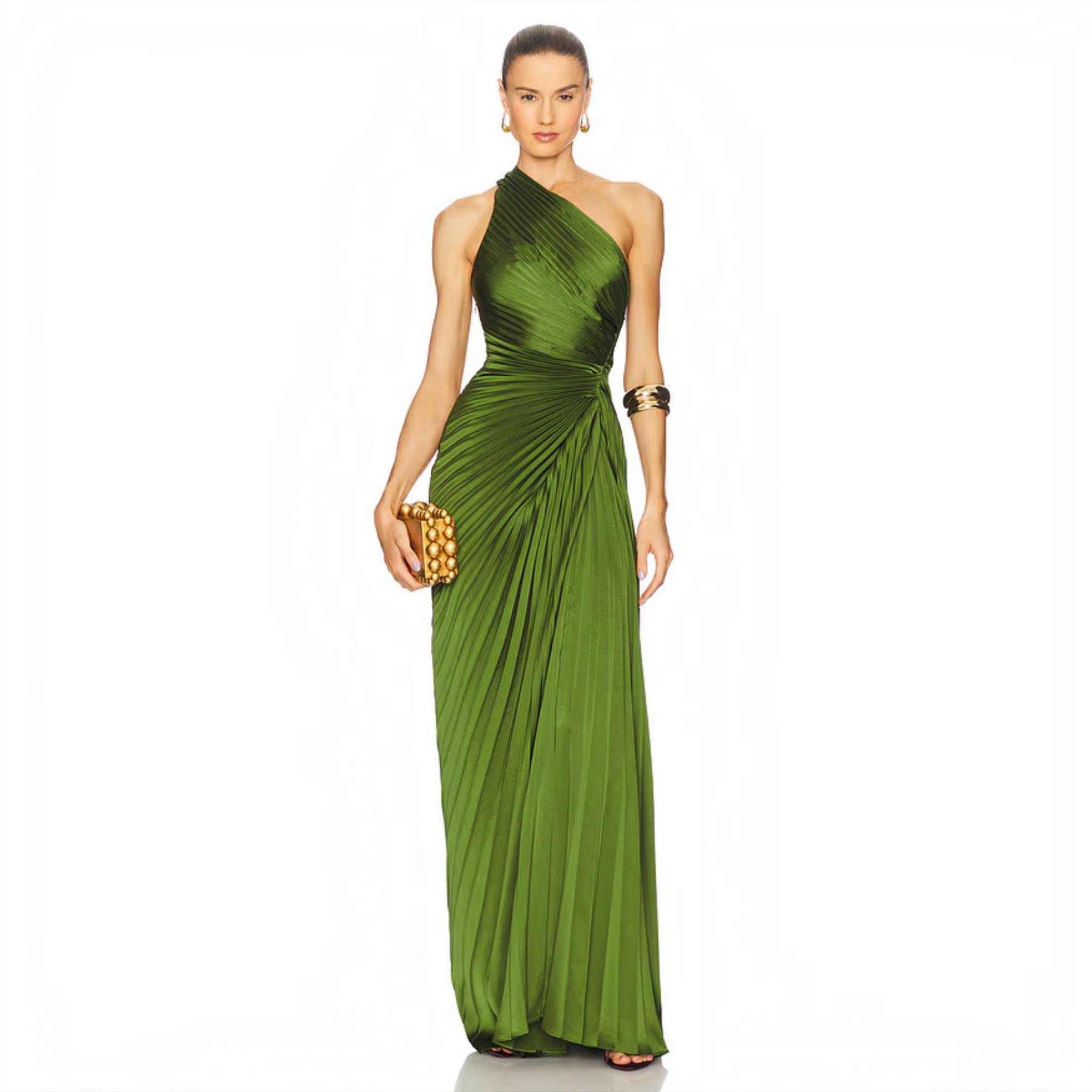 A.L.C. Lara One-Shoulder Plissé Satin Gown Ivy Size 14