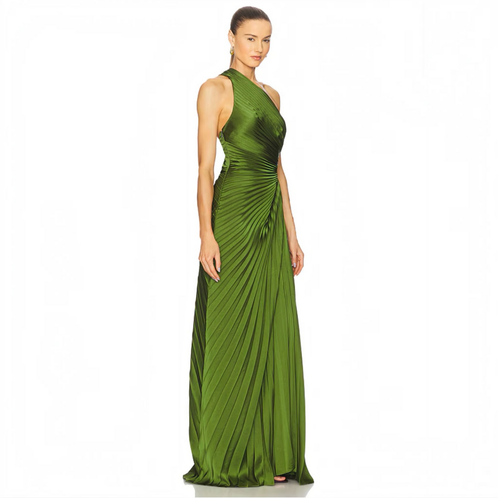 A.L.C. Lara One-Shoulder Plissé Satin Gown Ivy Size 14