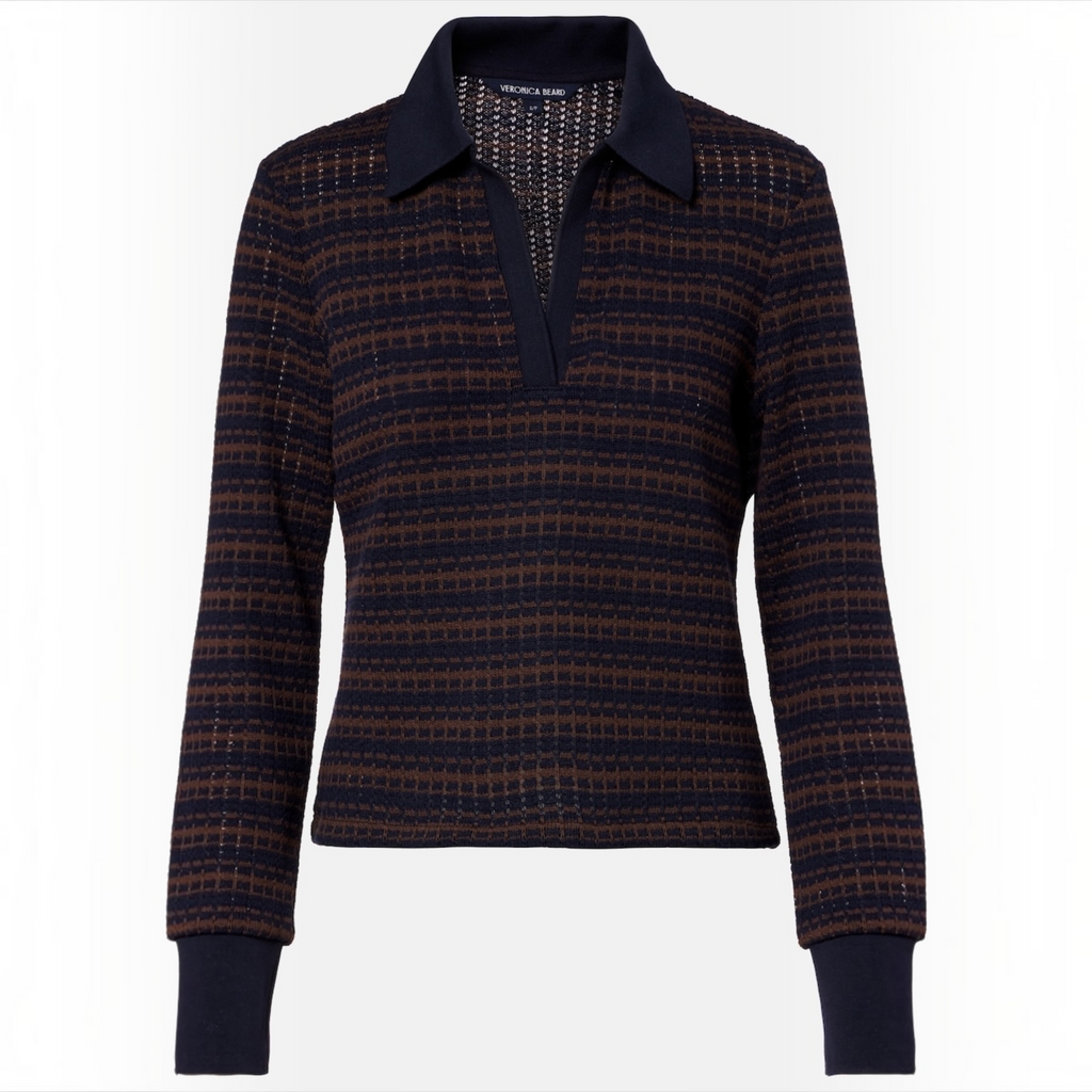 Veronica Beard Kamal Stripe Polo Sweater Navy/Brown Size Large