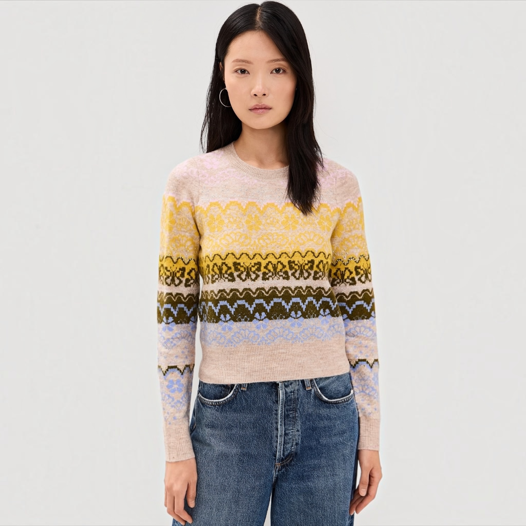 Cinq à Sept Lace Fair Isle Pullover Sweater Oatmeal Multi Size Small