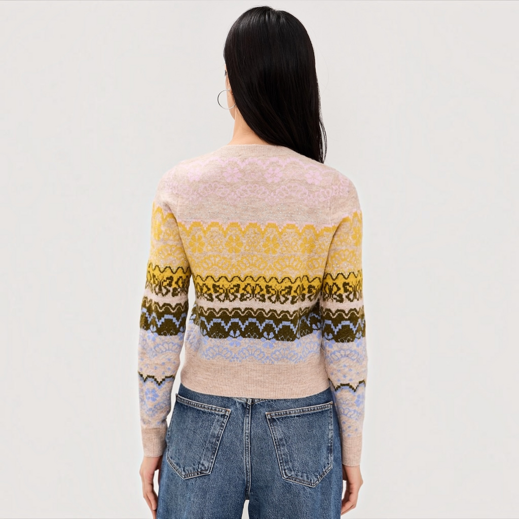 Cinq à Sept Lace Fair Isle Pullover Sweater Oatmeal Multi Size Small