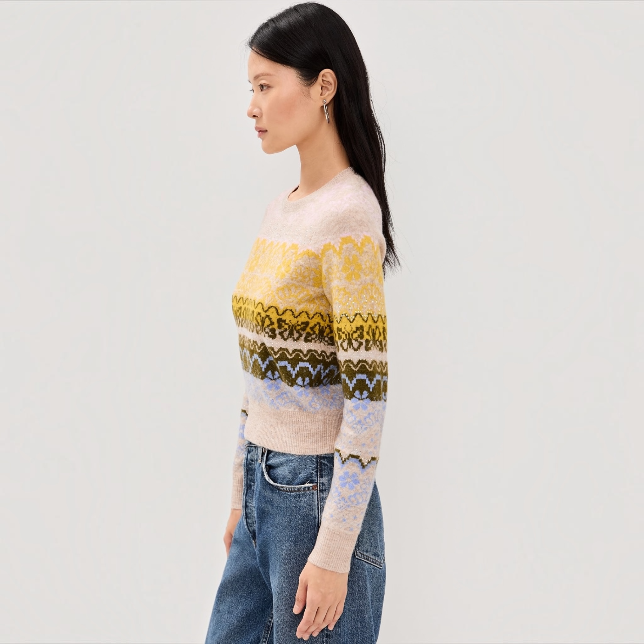 Cinq à Sept Lace Fair Isle Pullover Sweater Oatmeal Multi Size Small