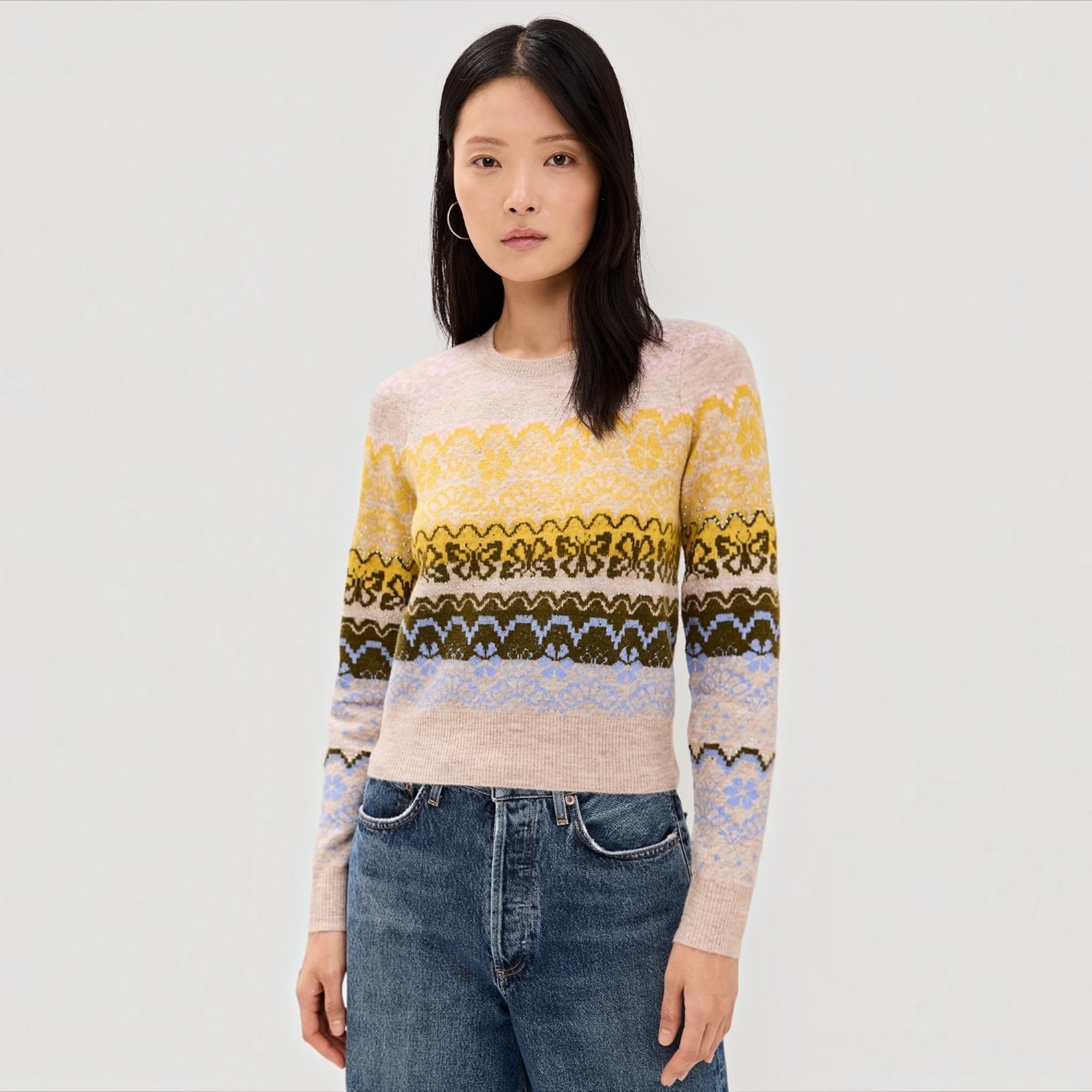 Cinq à Sept Lace Fair Isle Pullover Sweater Oatmeal Multi Size Small