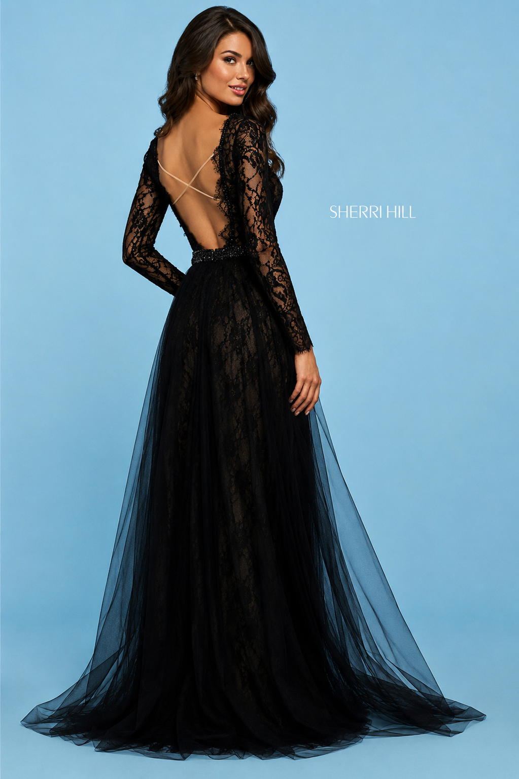 Sherri Hill 53565 Black Lace Open Back Gown Size 4 NWT $750