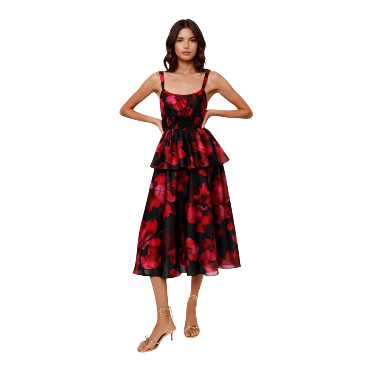 Hutch Desiree Black Red Floral Peplum Midi Dress Sz Small