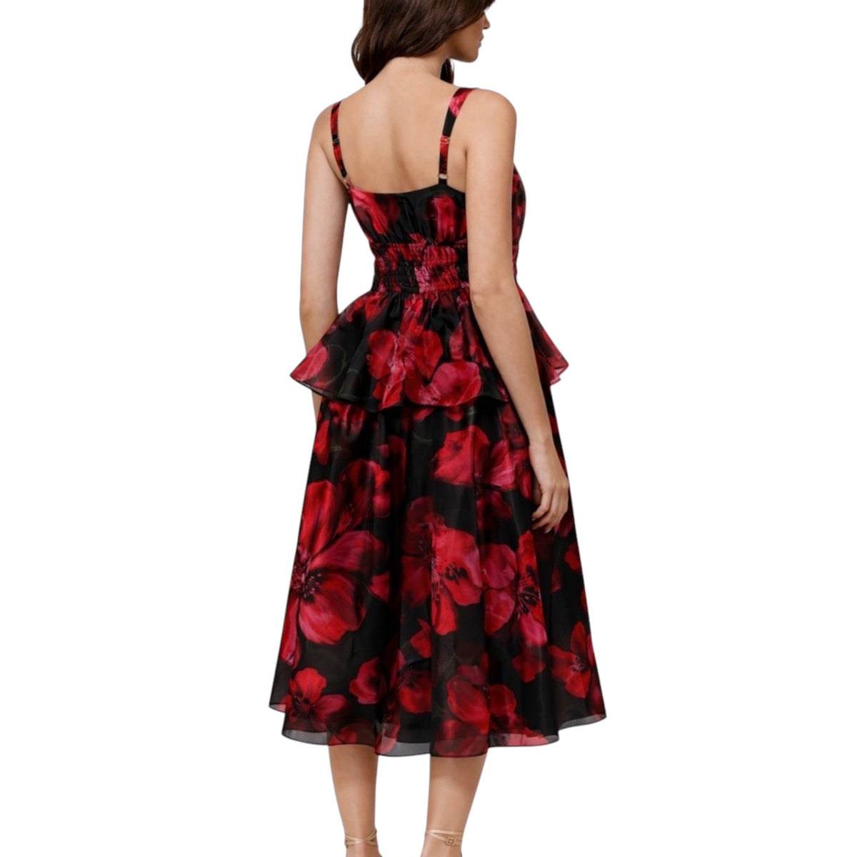 Hutch Desiree Black Red Floral Peplum Midi Dress Sz Small