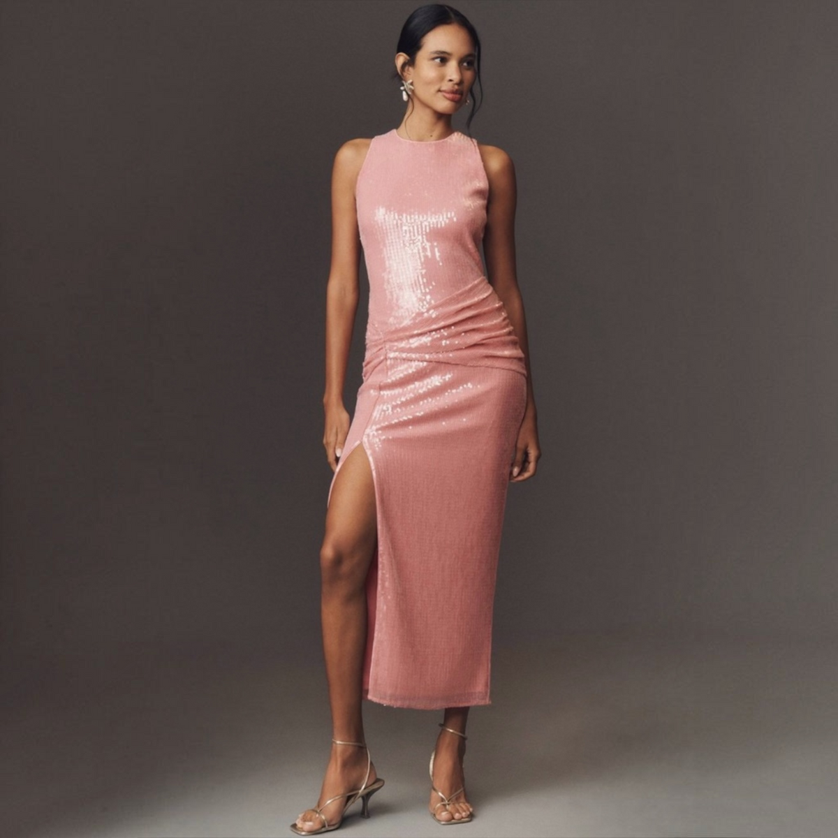Hutch Lumi Sequin Ruched Midi Dress Rose Pink Size Small