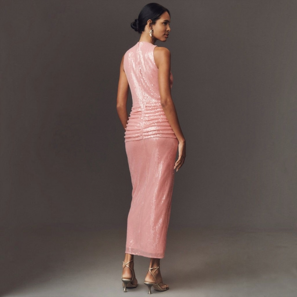 Hutch Lumi Sequin Ruched Midi Dress Rose Pink Size Small