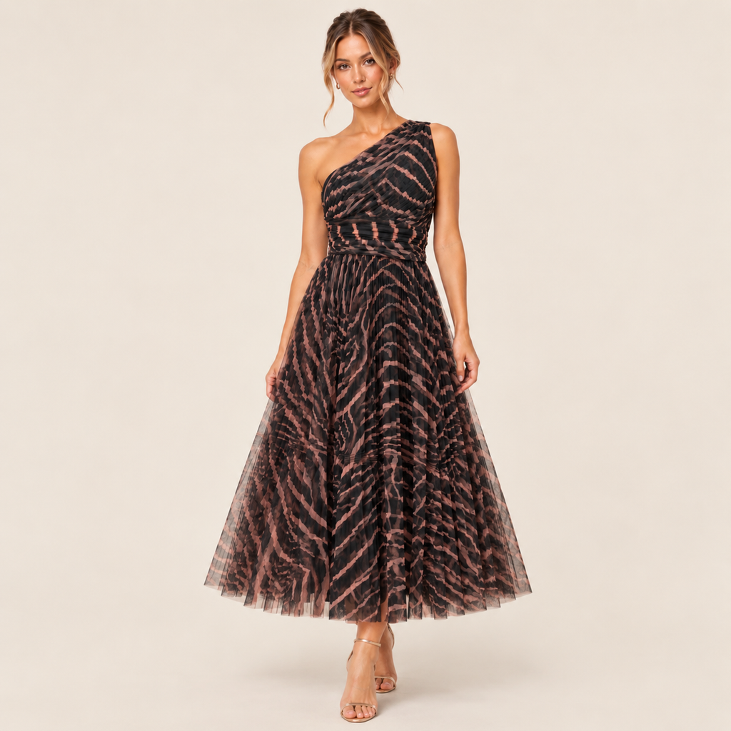 HUTCH Helena One-Shoulder Zebra Tulle Midi Dress Black/Peach Size 2