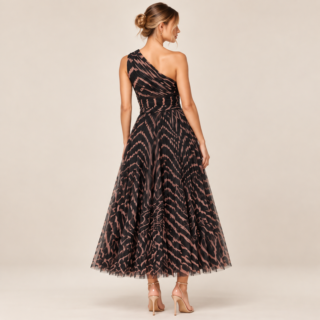 HUTCH Helena One-Shoulder Zebra Tulle Midi Dress Black/Peach Size 2