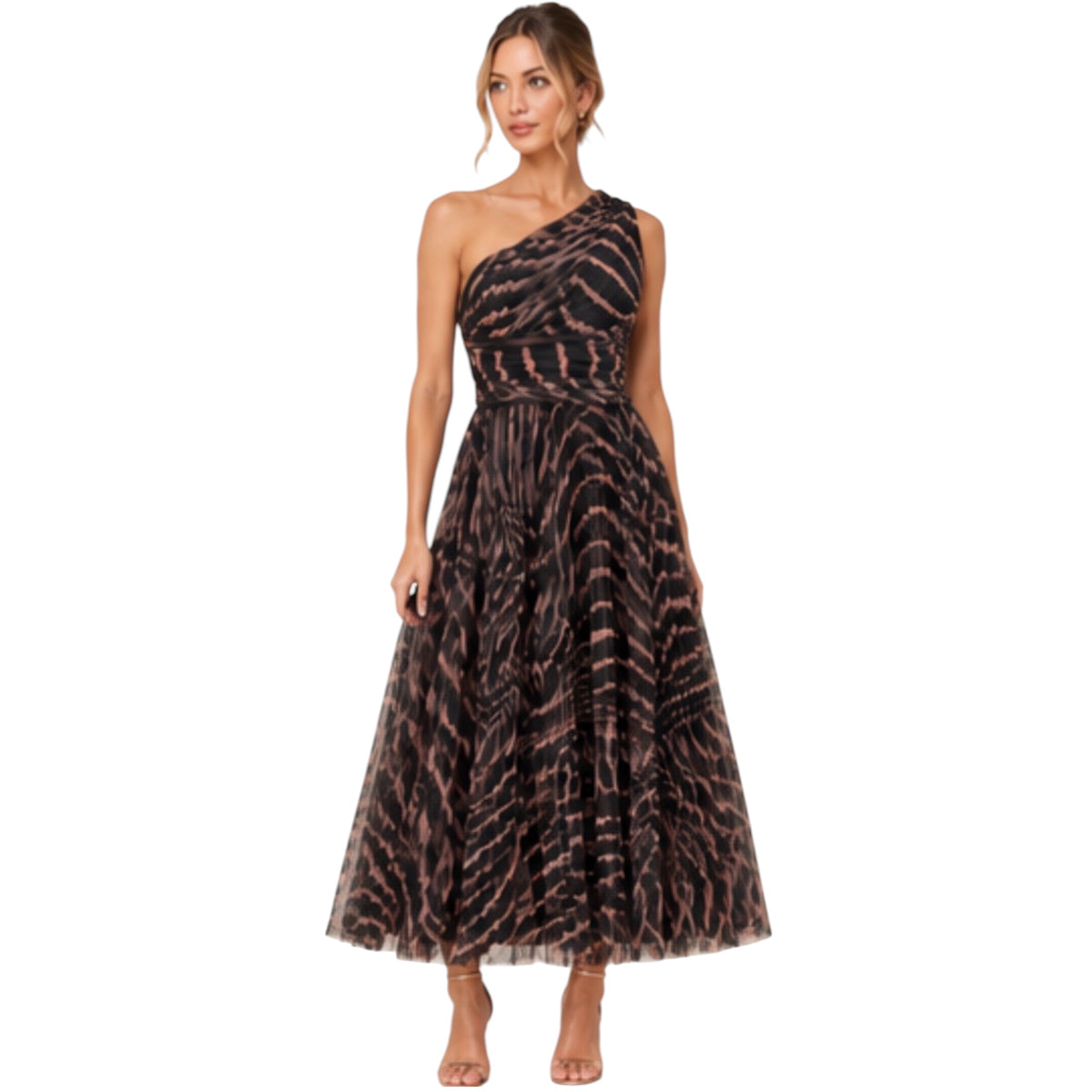 HUTCH Helena One-Shoulder Zebra Tulle Midi Dress Black/Peach Size 2