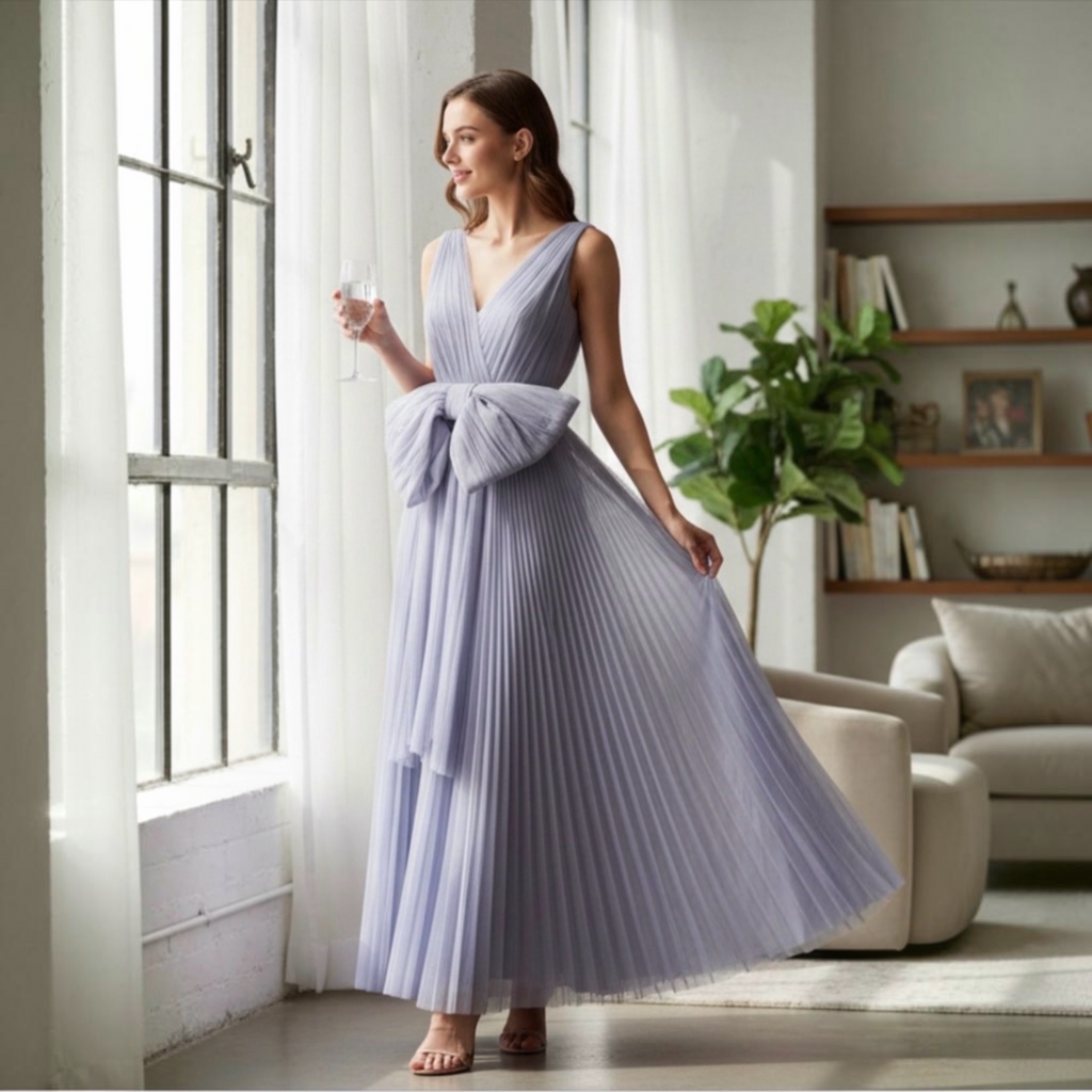 Hutch Cataline Strapless Bow-Front Pleated Tulle Gown in Lavender Sz 2