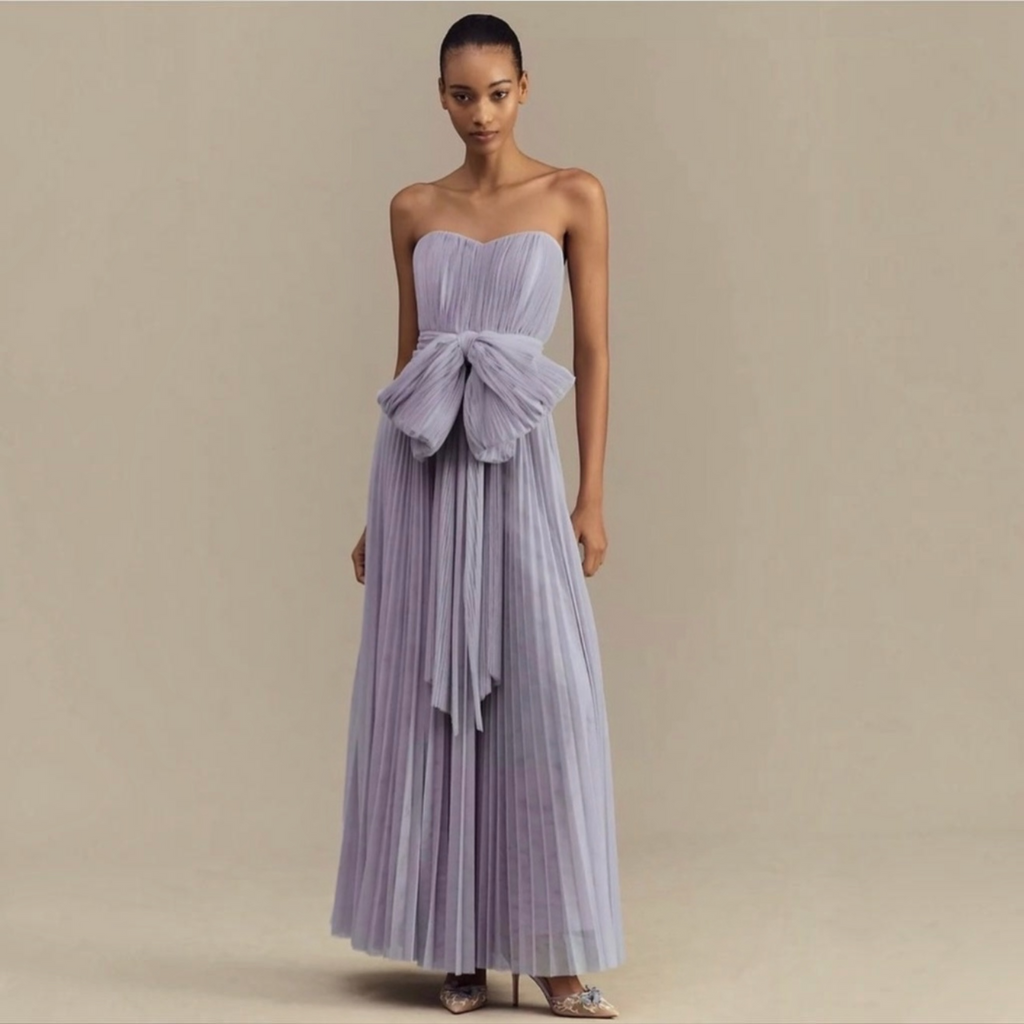 Hutch Cataline Strapless Bow-Front Pleated Tulle Gown in Lavender Sz 2