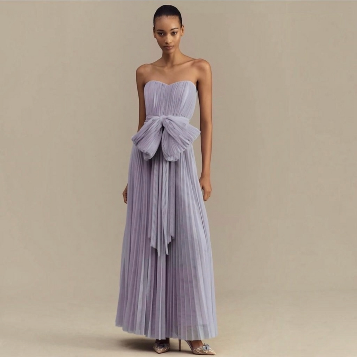 Hutch Cataline Strapless Bow-Front Pleated Tulle Gown in Lavender Sz 2