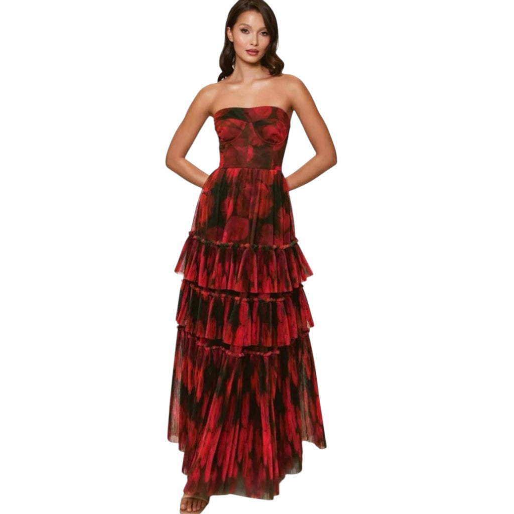 HUTCH Isabella Strapless Floral Tulle Gown Brown Red Size Small