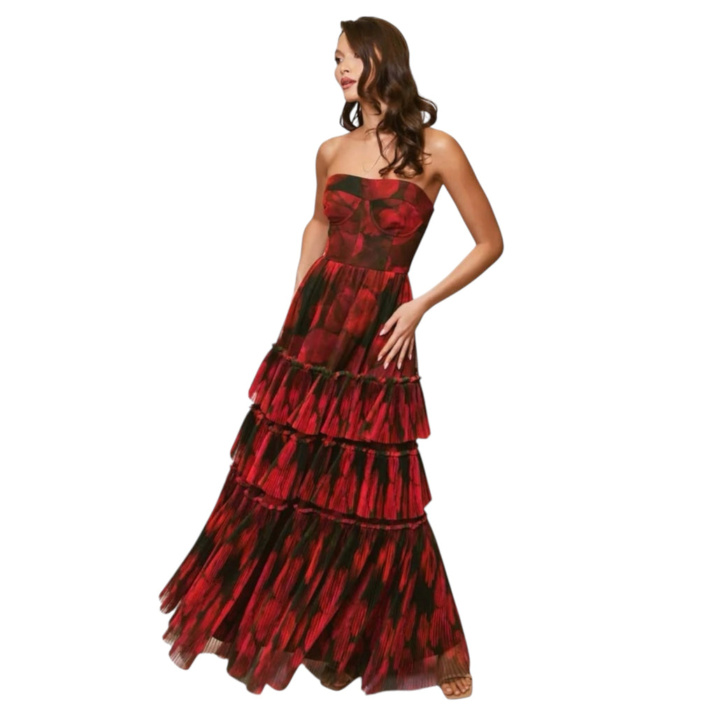 HUTCH Isabella Strapless Floral Tulle Gown Brown Red Size Small
