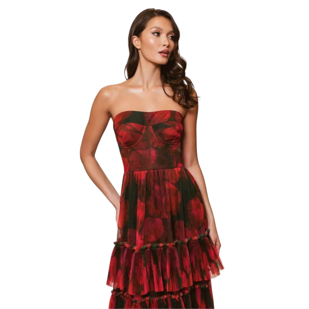 HUTCH Isabella Strapless Floral Tulle Gown Brown Red Size Small