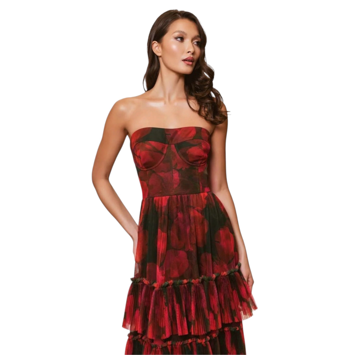 HUTCH Isabella Strapless Floral Tulle Gown Brown Red Size Small