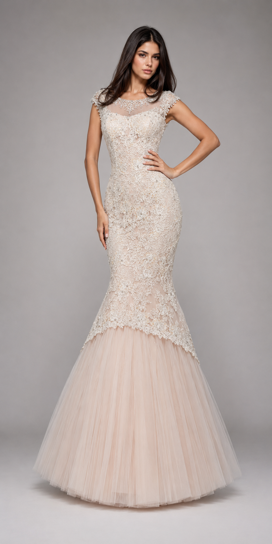 Sherri Hill 51114 Ivory Lace Mermaid Gown – Beaded Cap Sleeve Formal Dress – $918