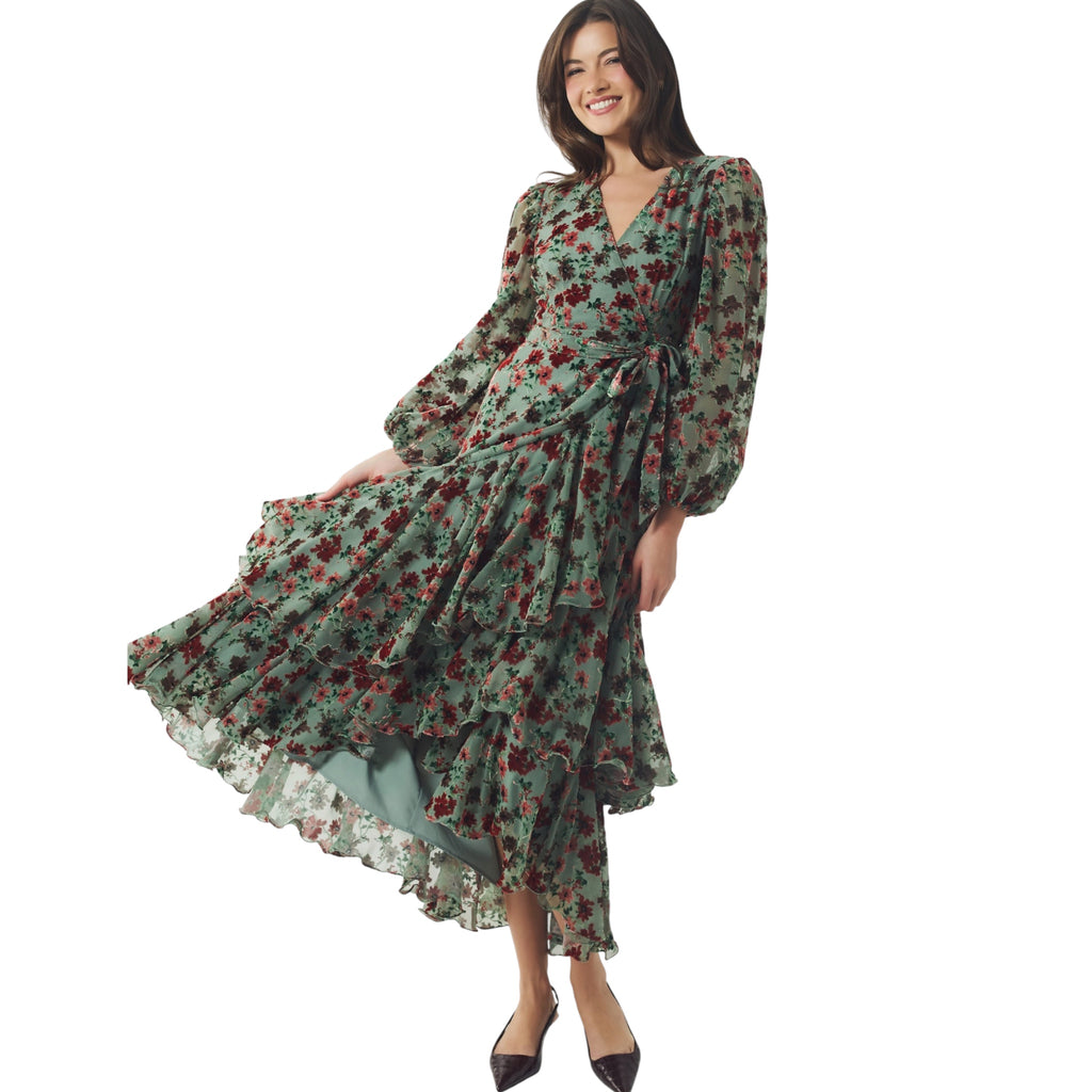 HUTCH Helene Velvet Burnout Floral Wrap Maxi Dress Size Small