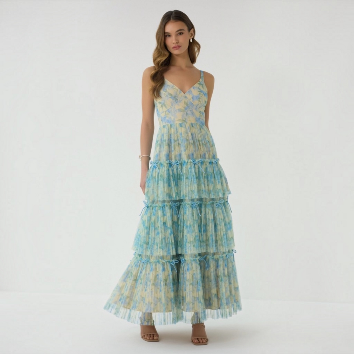 Hutch Madi Gown Watercolor Daffodil Tiered Tulle Maxi Dress Size 2