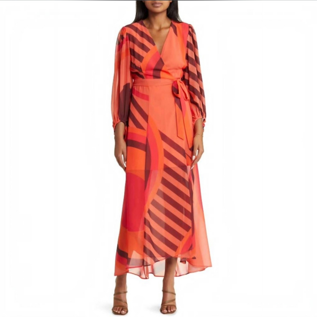 HUTCH Lindie Geo Print Long Sleeve Wrap Dress Coral Sz XS
