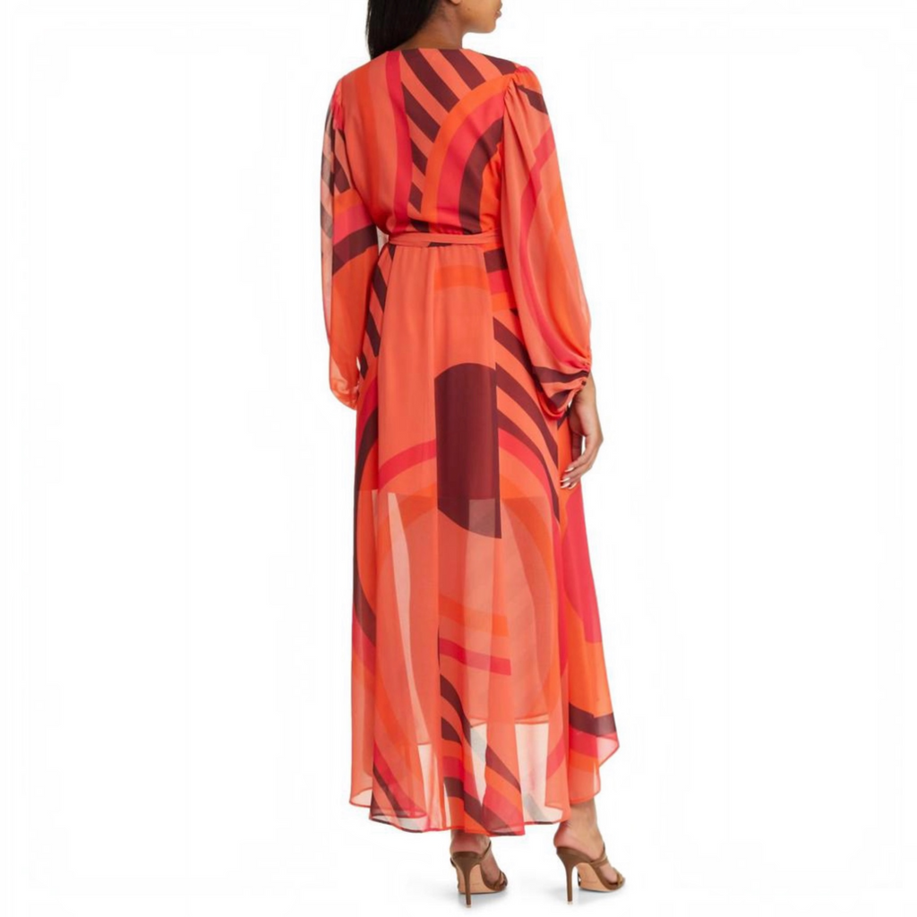 HUTCH Lindie Geo Print Long Sleeve Wrap Dress Coral Sz XS