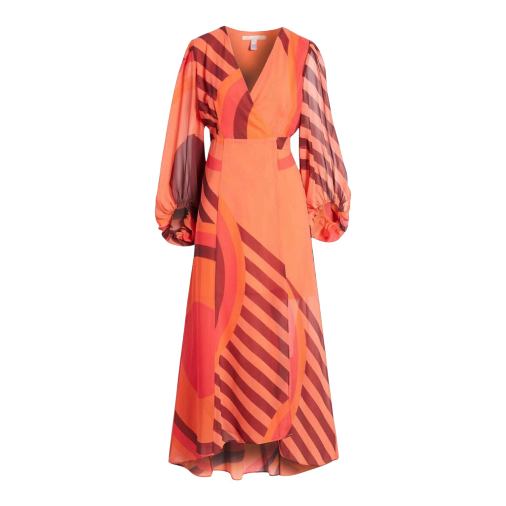 HUTCH Lindie Geo Print Long Sleeve Wrap Dress Coral Sz XS