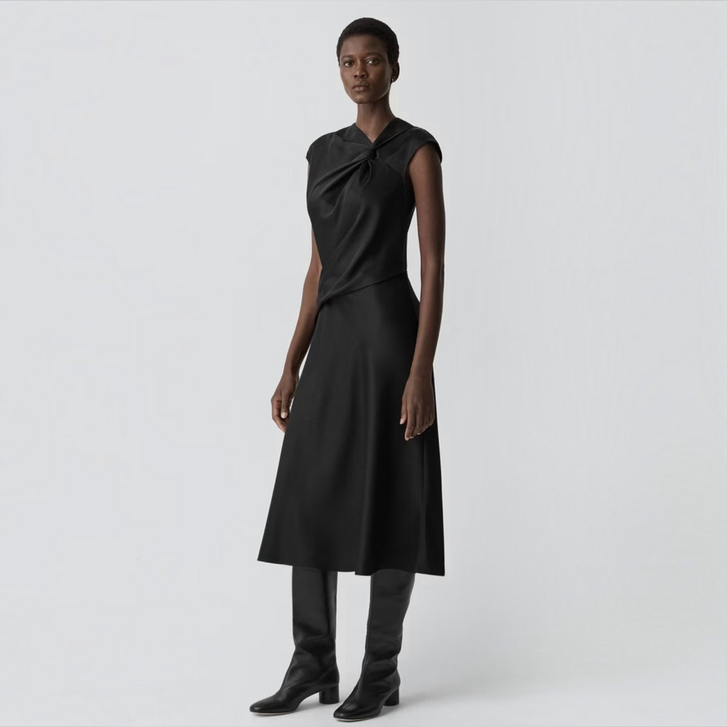 Theory Twist Bodice Satin Midi Dress Black Size 8