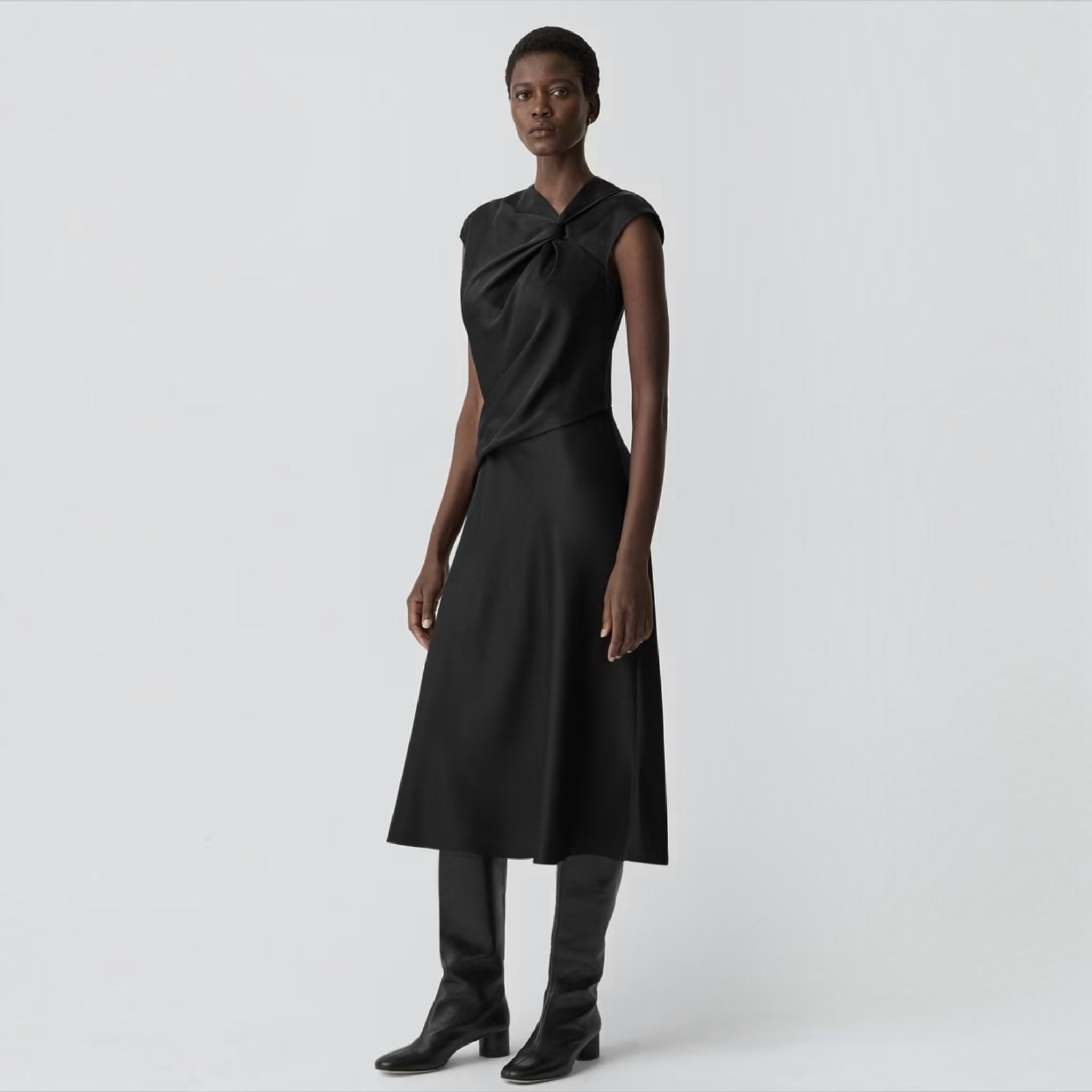 Theory Twist Bodice Satin Midi Dress Black Size 8