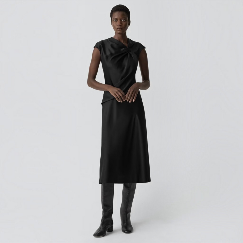 Theory Twist Bodice Satin Midi Dress Black Size 8