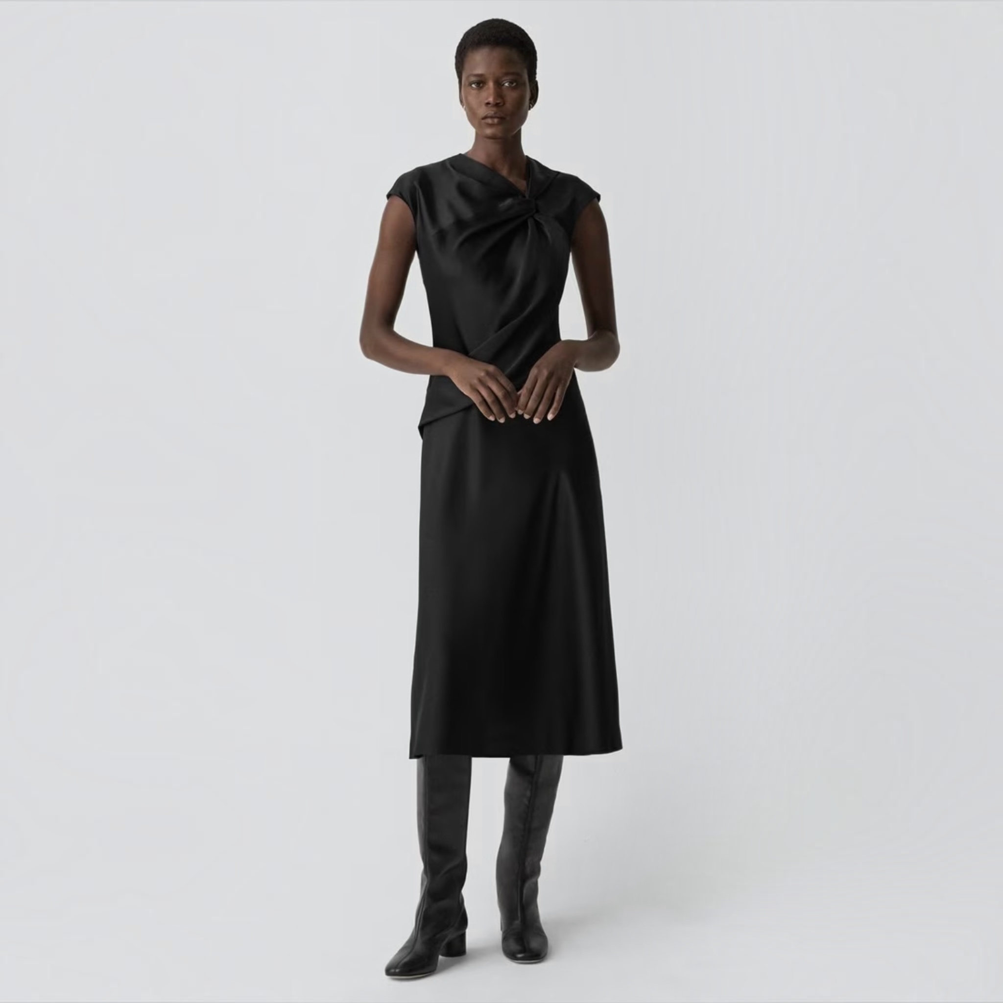 Theory Twist Bodice Satin Midi Dress Black Size 8
