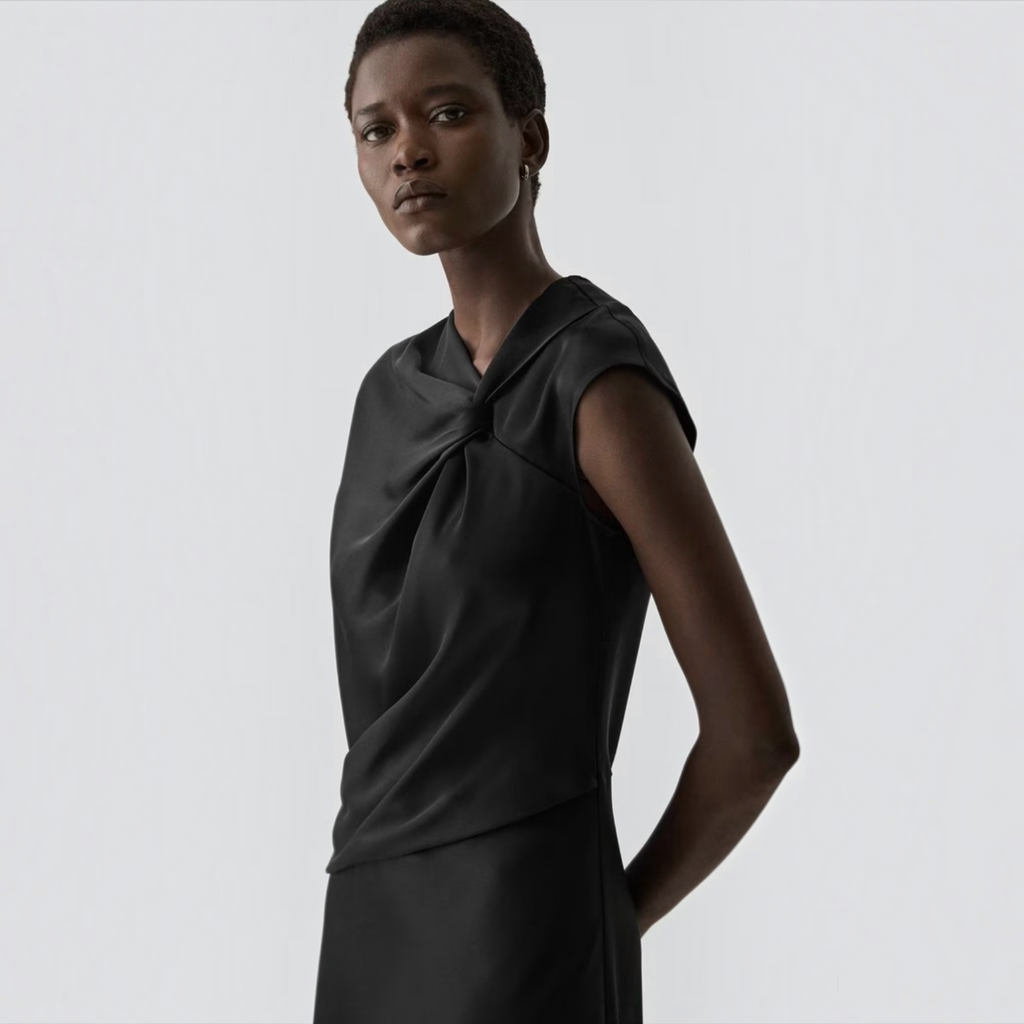 Theory Twist Bodice Satin Midi Dress Black Size 8