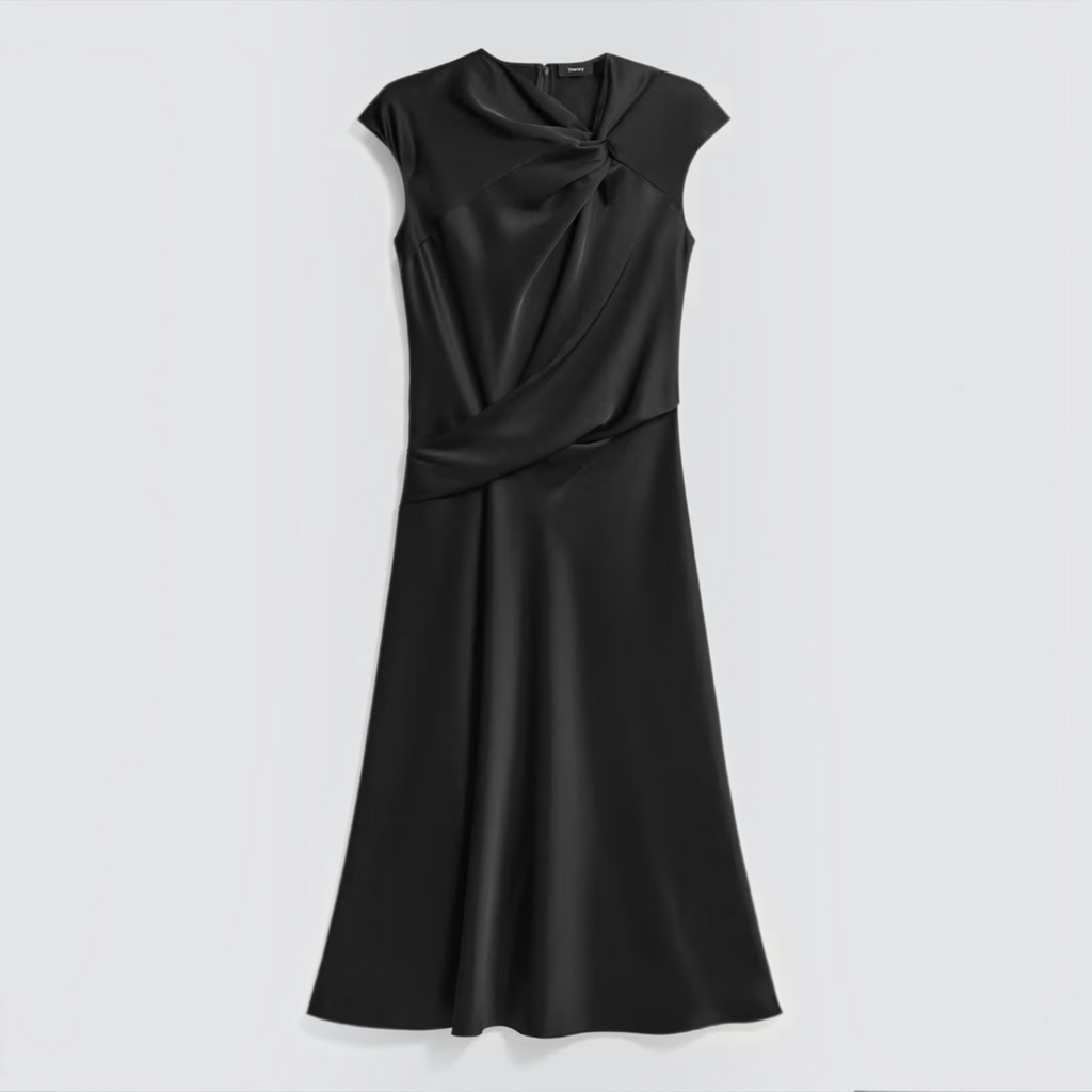 Theory Twist Bodice Satin Midi Dress Black Size 8