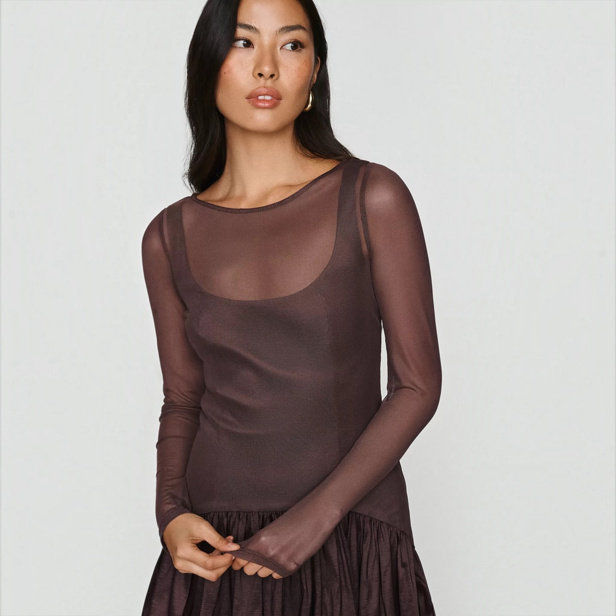 HUTCH Susanne Brown Sheer Mesh Drop-Waist Maxi Dress Size 2