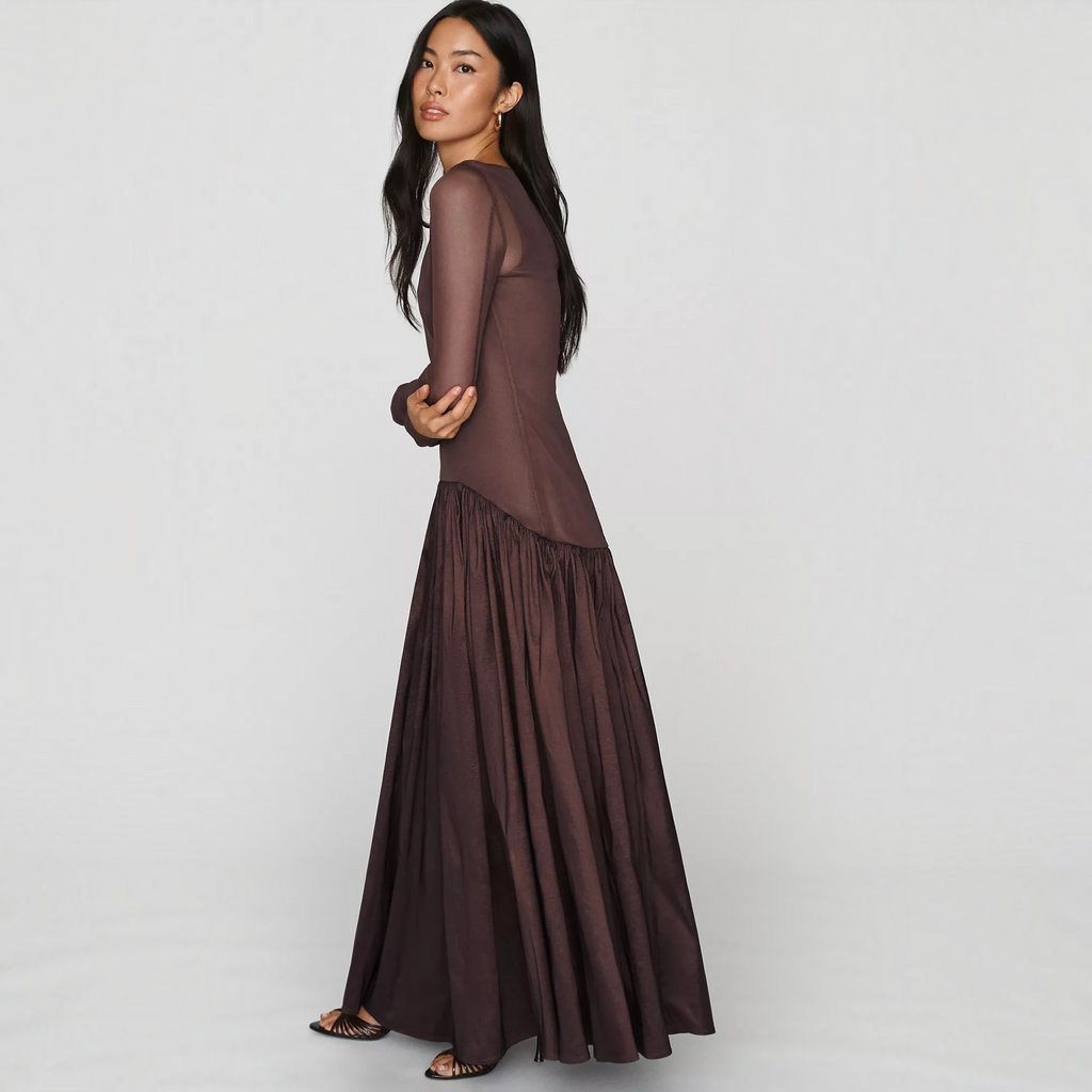 HUTCH Susanne Brown Sheer Mesh Drop-Waist Maxi Dress Size 2
