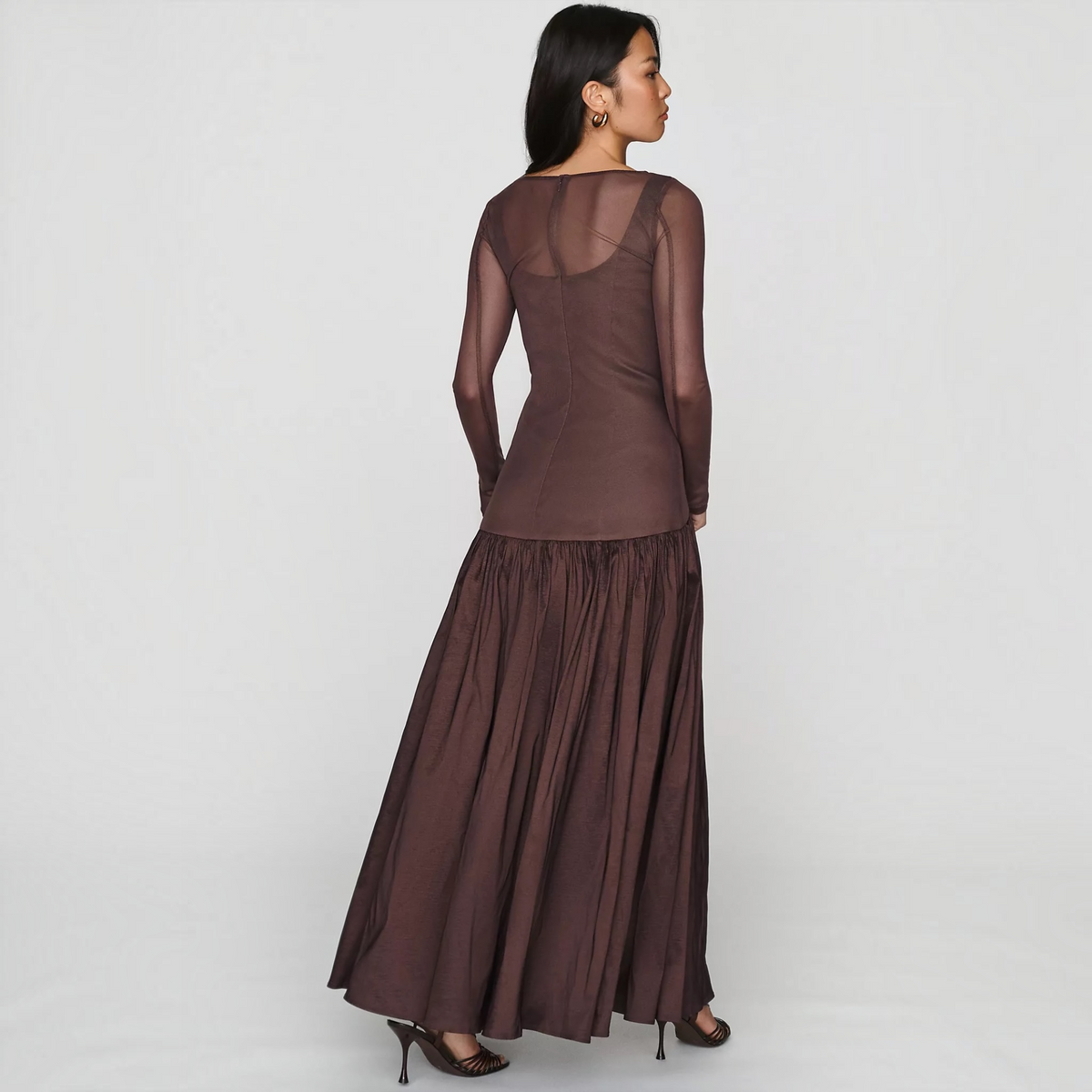 HUTCH Susanne Brown Sheer Mesh Drop-Waist Maxi Dress Size 2