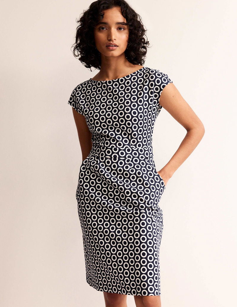 Boden Florrie Jersey Dress Blue Geometric Ring Print Pockets Size 10P