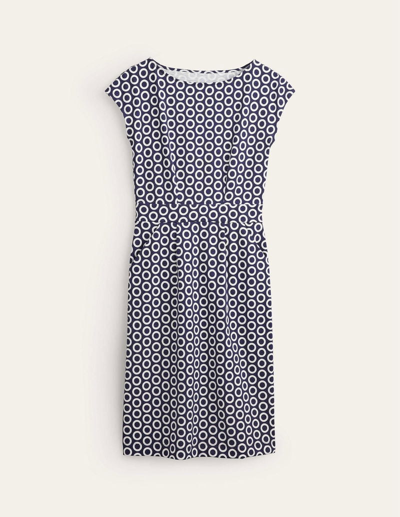 Boden Florrie Jersey Dress Blue Geometric Ring Print Pockets Size 10P