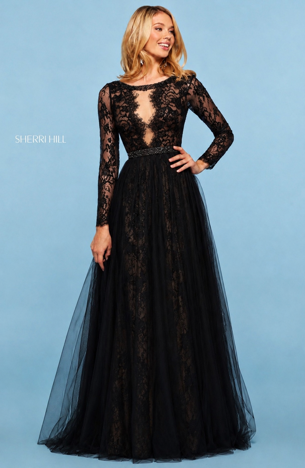 Sherri Hill 53565 Black Lace Open Back Gown Size 4 NWT $750