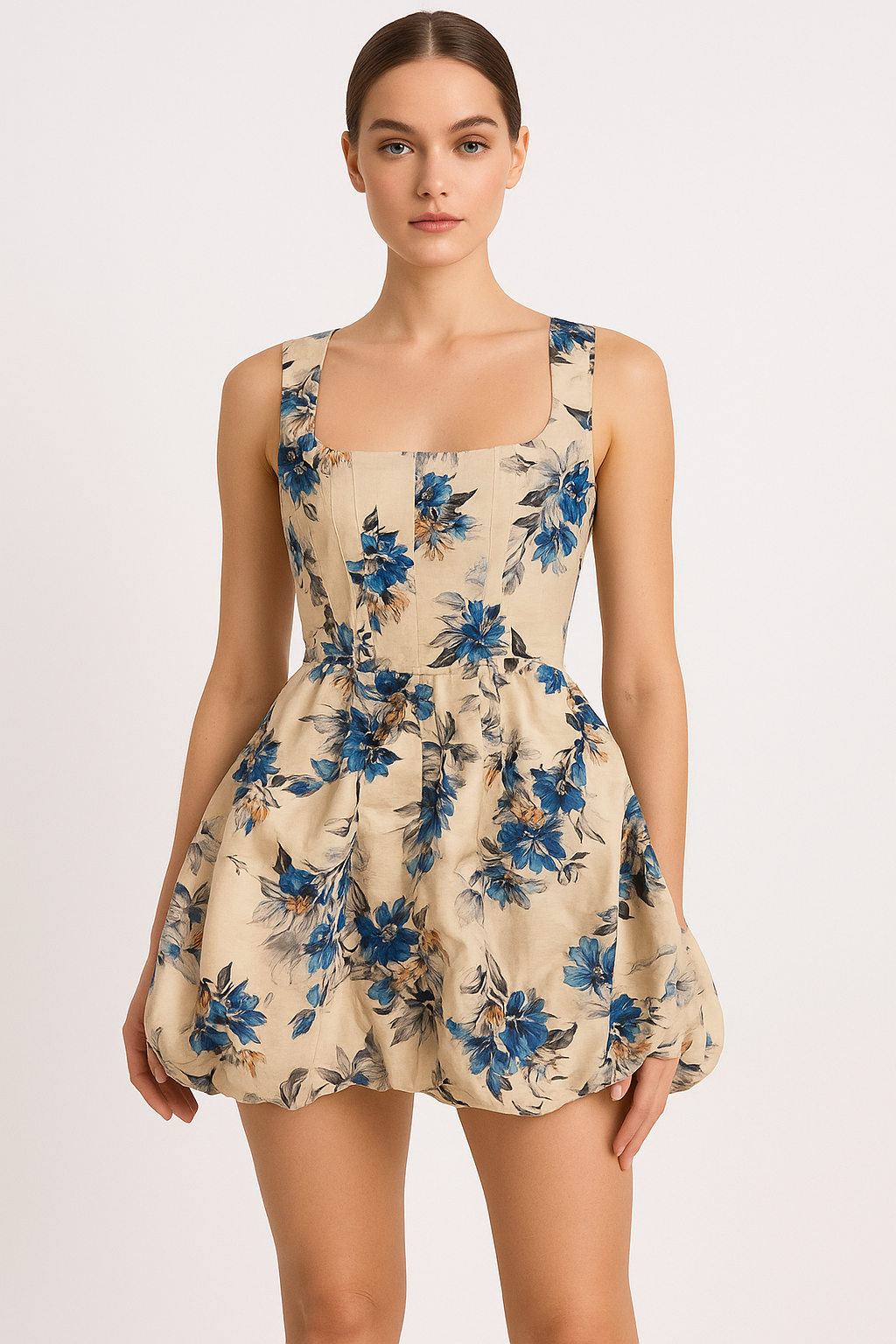 Siempre The Label Mia Bubble Mini Dress in Blue Posy Floral Sz Small $348